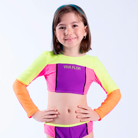 Biquini Infantil Viva Flor Manga Longa Neon