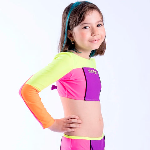 Biquini Infantil Viva Flor Manga Longa Neon