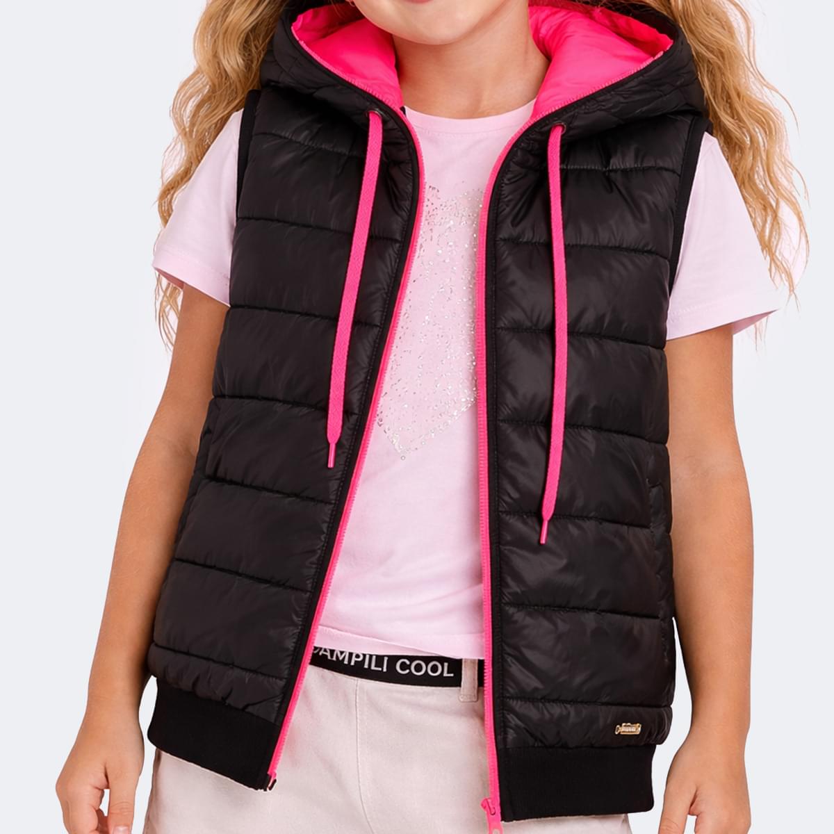 Colete Feminino Pampili Puffer Capuz Preto e Pink