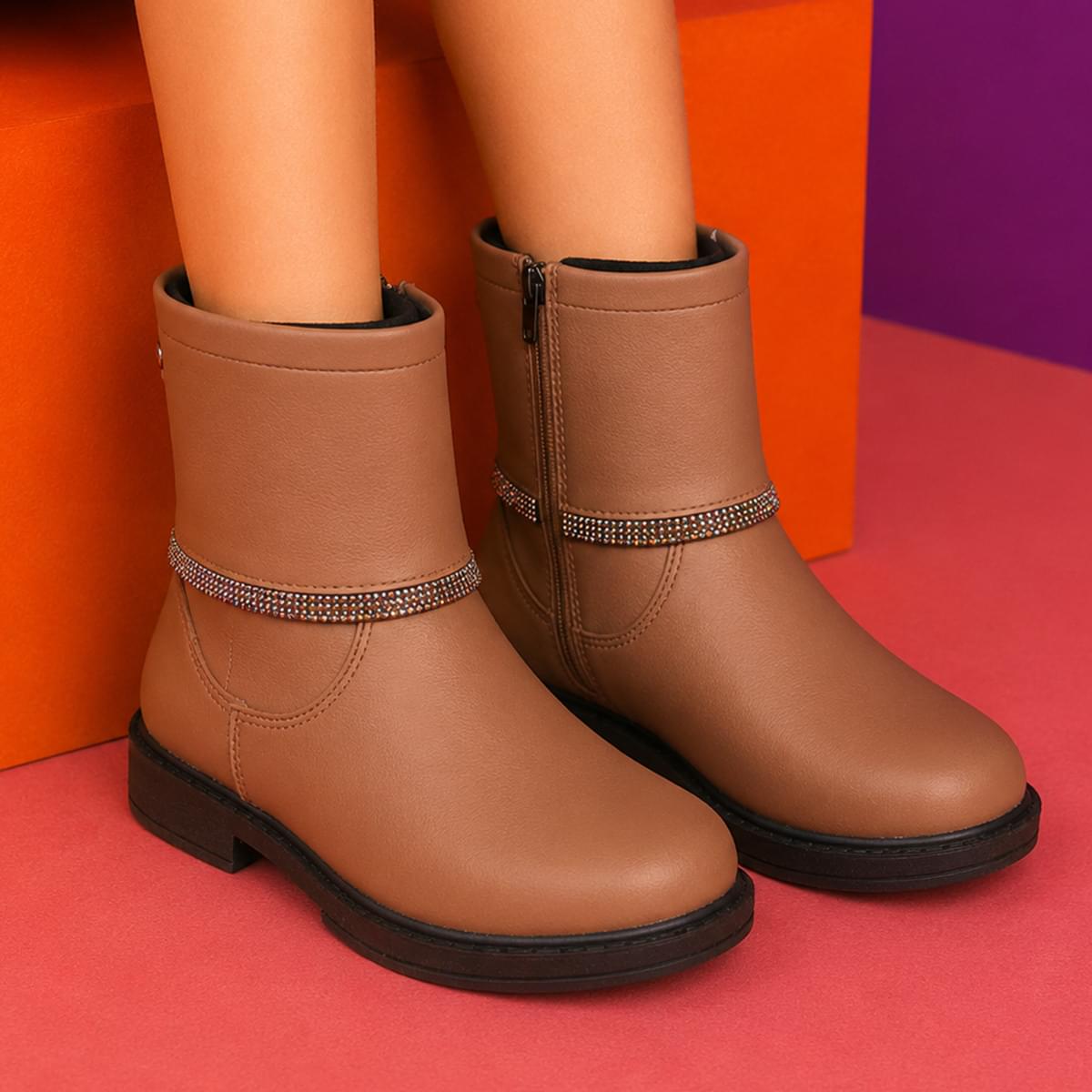 Bota Infantil Pampili Safira Montaria com Strass Marrom