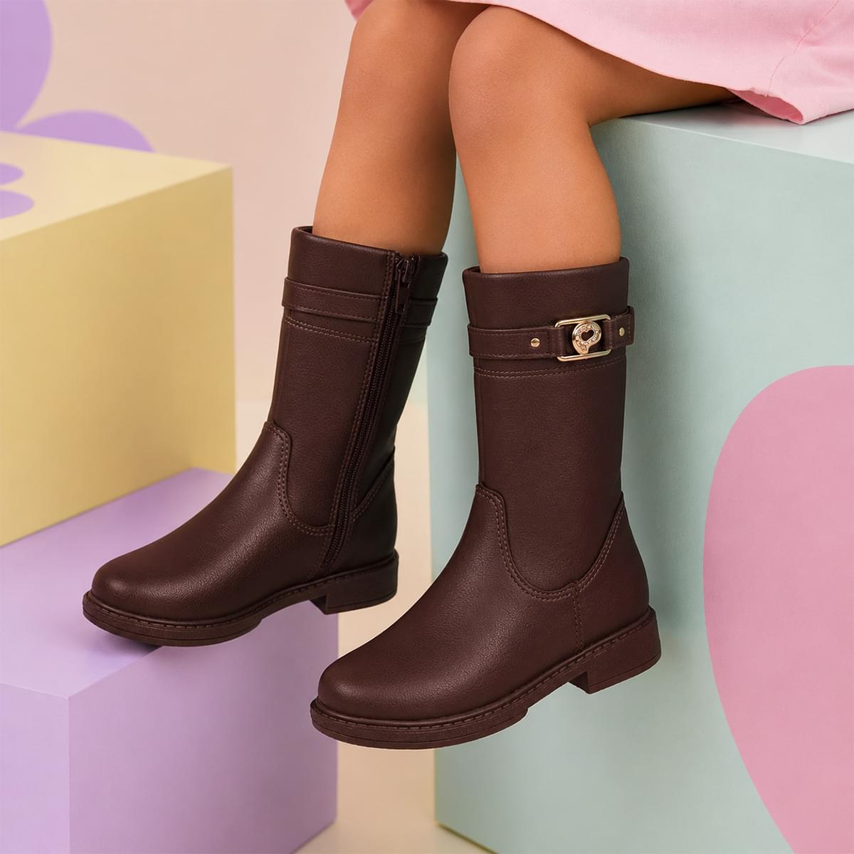 Bota Cano Alto Infantil Pampili Safira Montaria Marrom