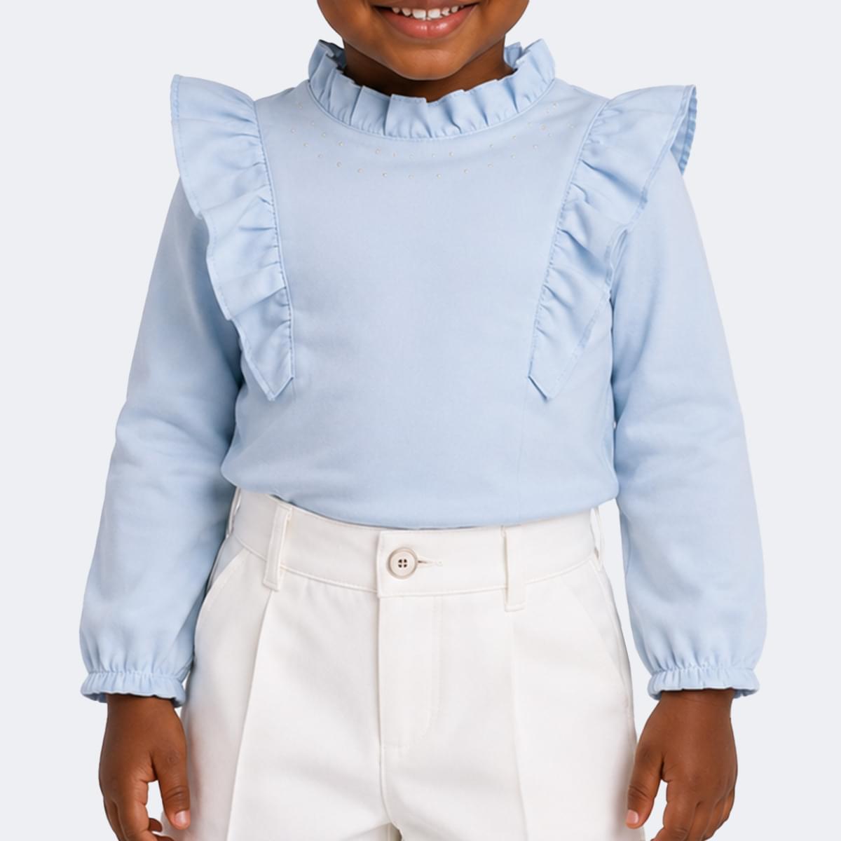 Blusa Manga Longa Infantil Pampili com Babados Gola Alta Azul