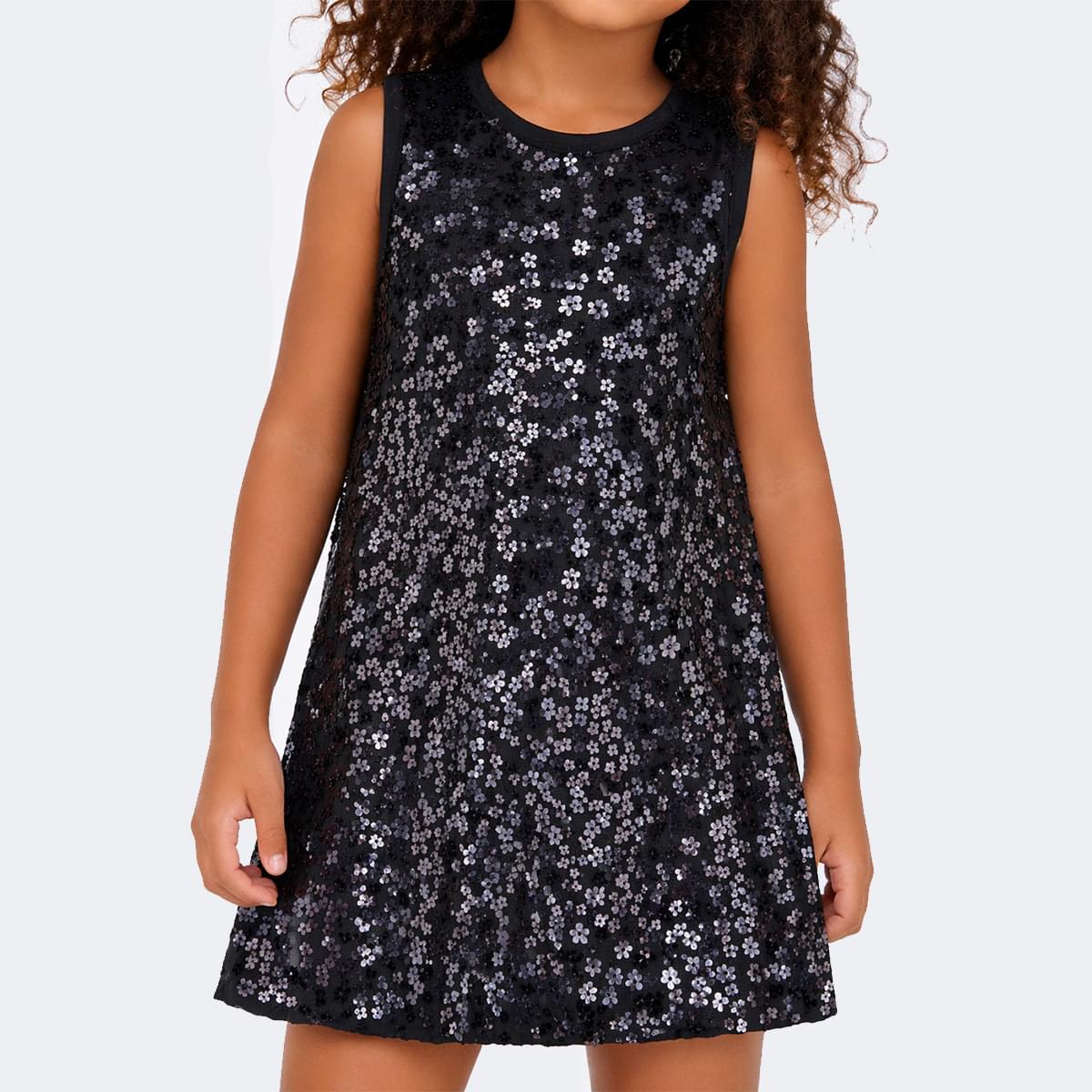 Vestido Infantil Pampili Evasê com Paetês de Flores Preto