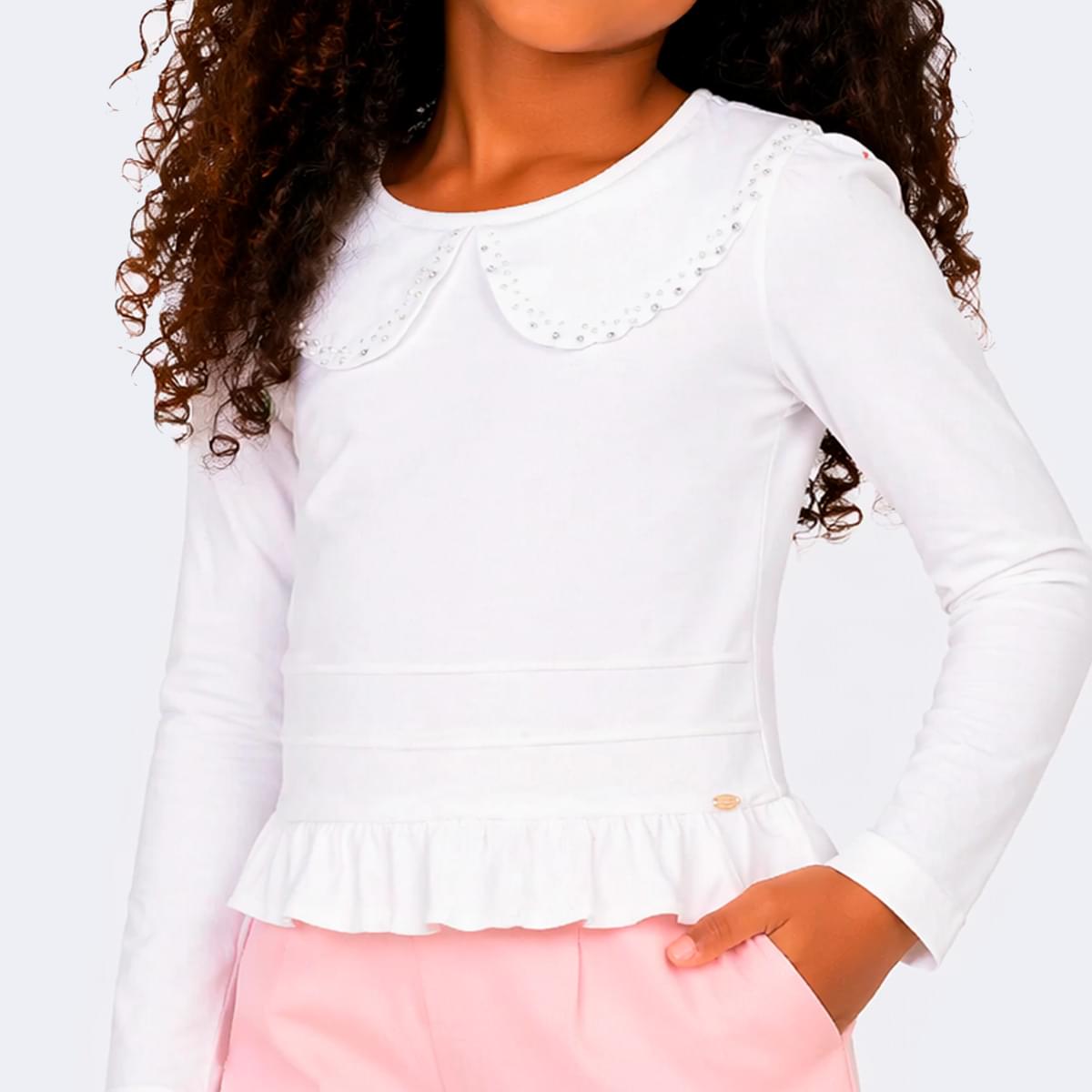Blusa Infantil Manga Longa Pampili Gola Peter Pan Off White