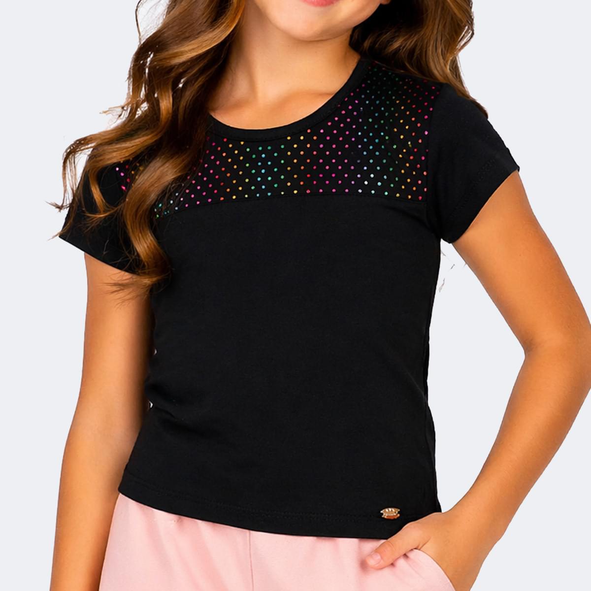 Camiseta Infantil Pampili Poá Colorido Preta