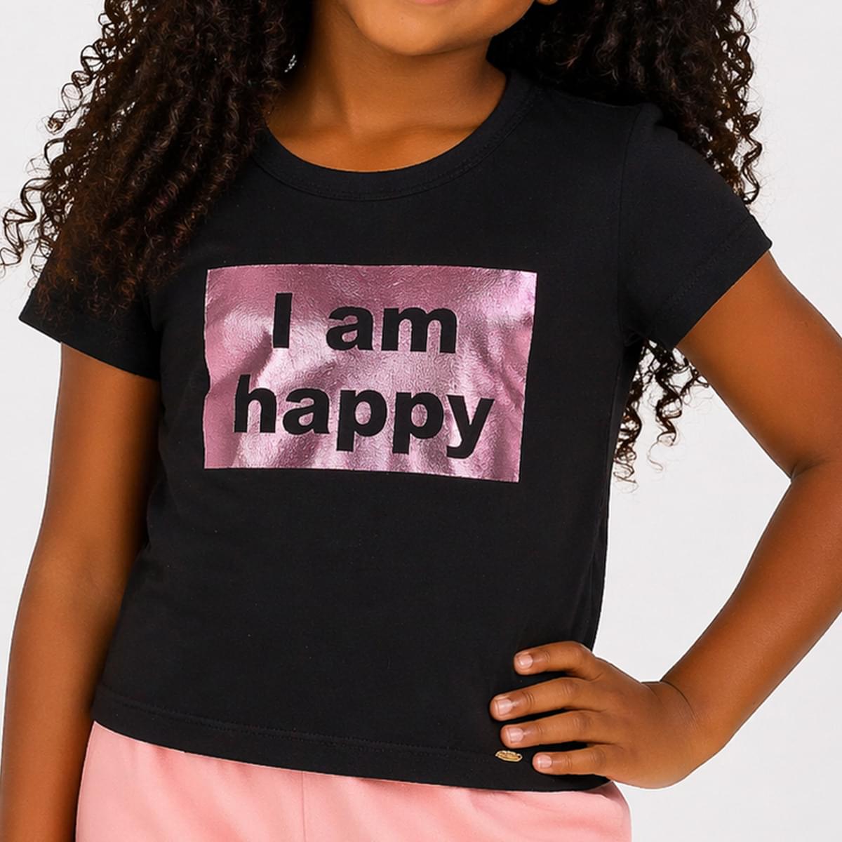 Camiseta Infantil Pampili Happy Metalizada Preta