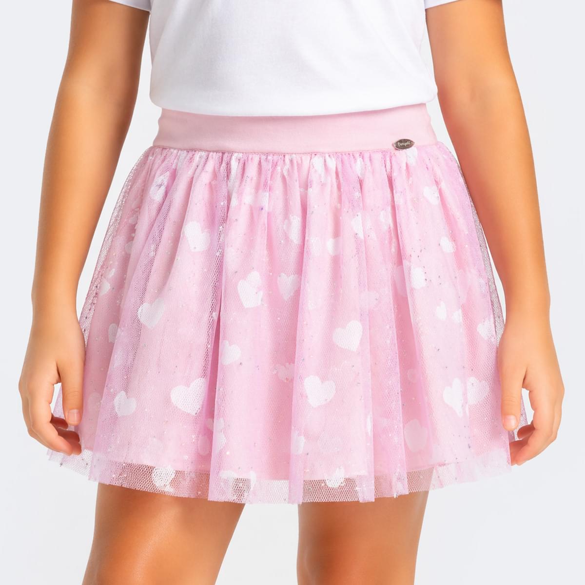 Saia Infantil Pampili Tule Corações Rosa e Branca
