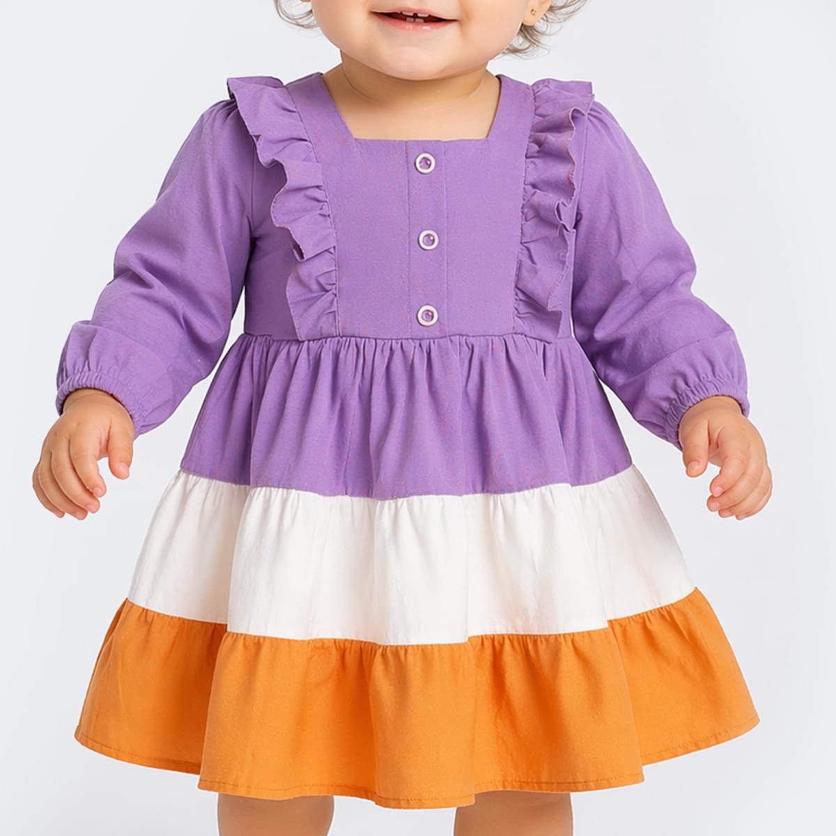 Vestido de Bebê Bambollina Manga Longa e Babado Lilás Colorido