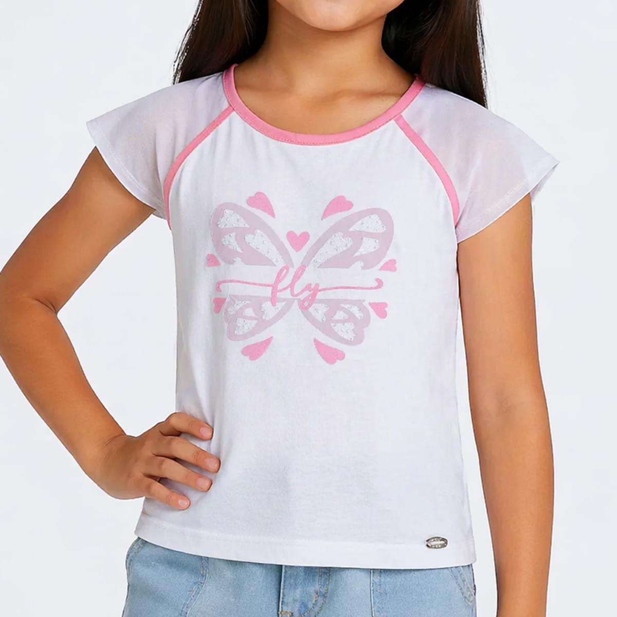 Camiseta Infantil Pampili Fly Branca Pink Neon