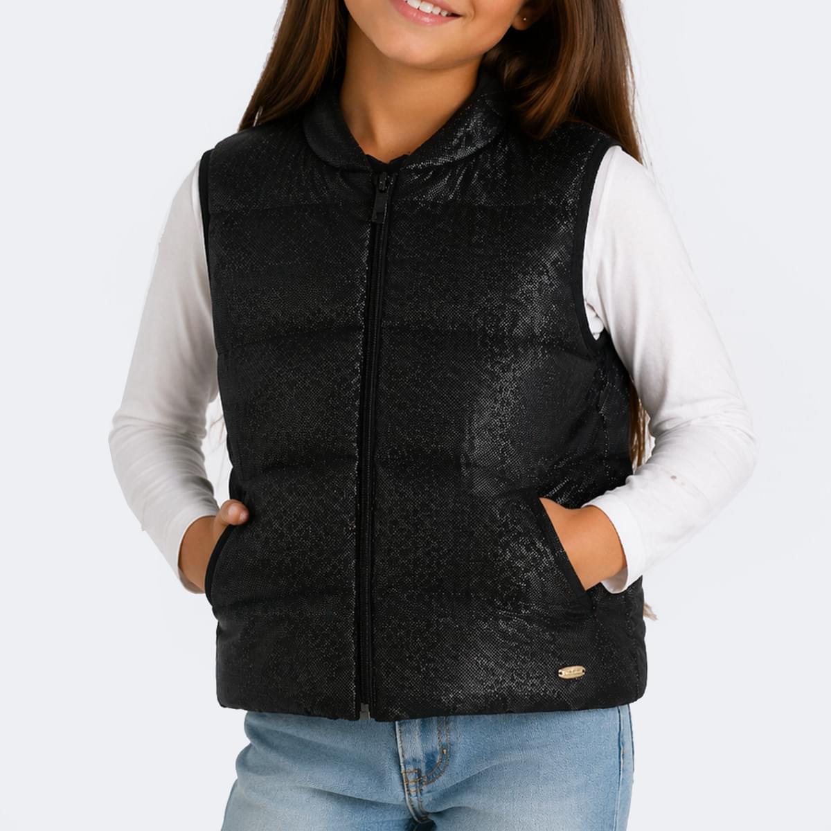 Colete Infantil Feminino Pampili Puffer Microtextura Preto