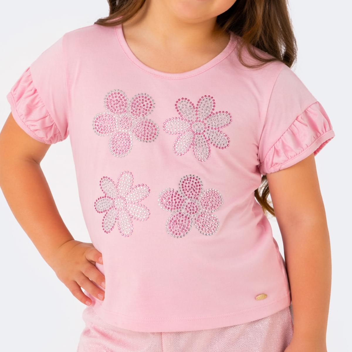 Camiseta Infantil Pampili Flores em Strass Rosa
