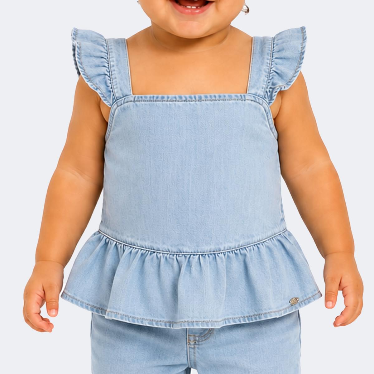 Camiseta Bata Jeans Infantil Pampili Babado