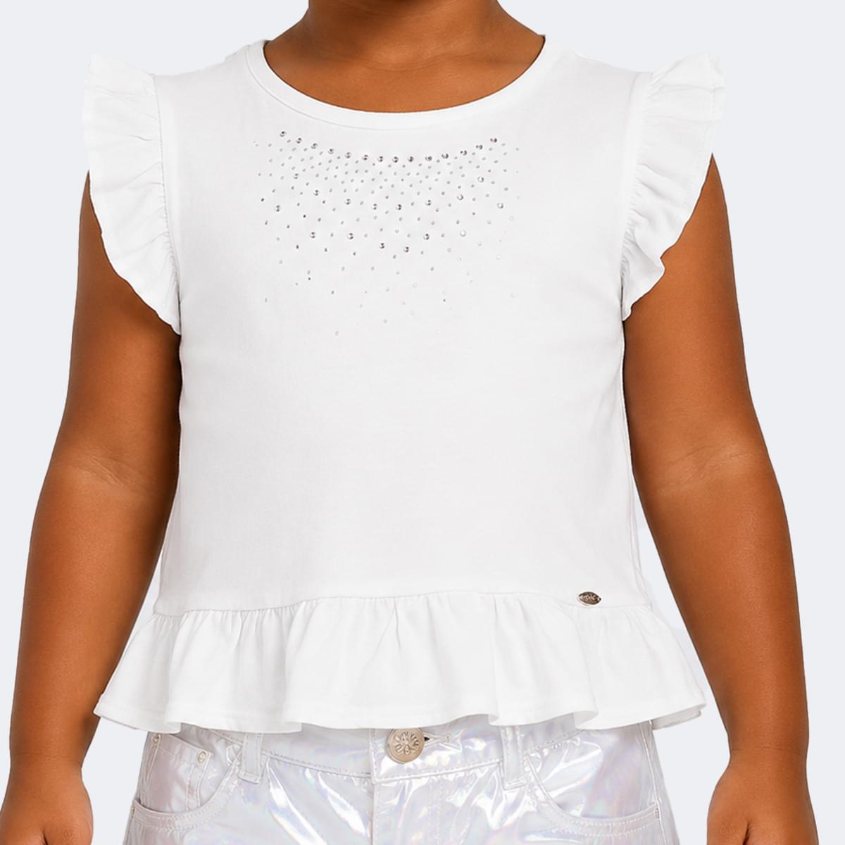 Camiseta Infantil Pampili Babados e Strass Off White