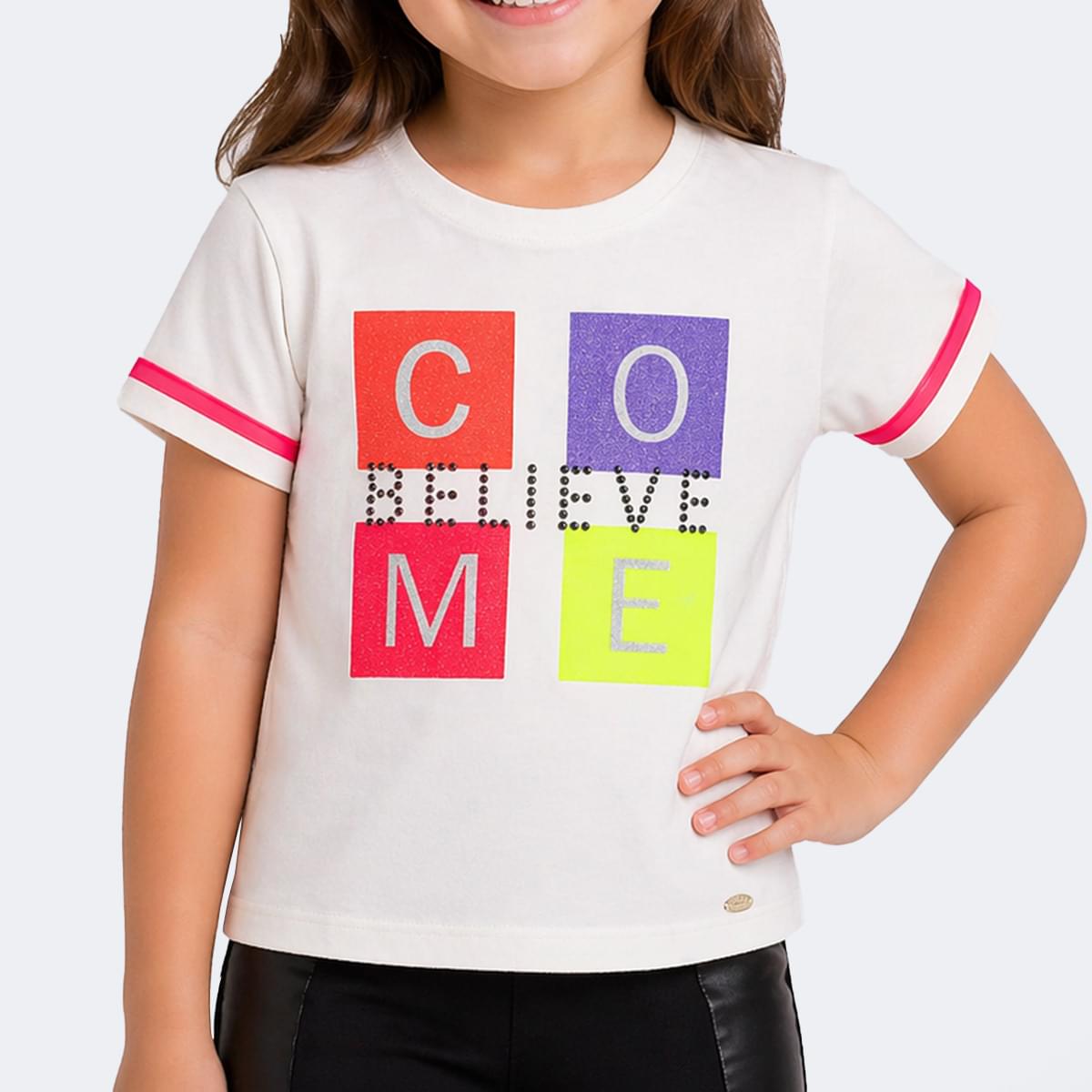 Camiseta Infantil Feminina Pampili Estampa Glitter Neon Come Believe Off White e Colorida
