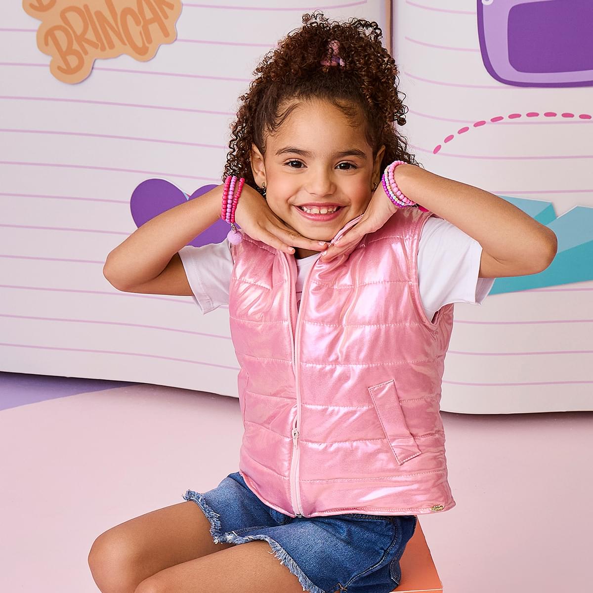 Colete Infantil Feminino Pampili Puffer Perolado Rosa