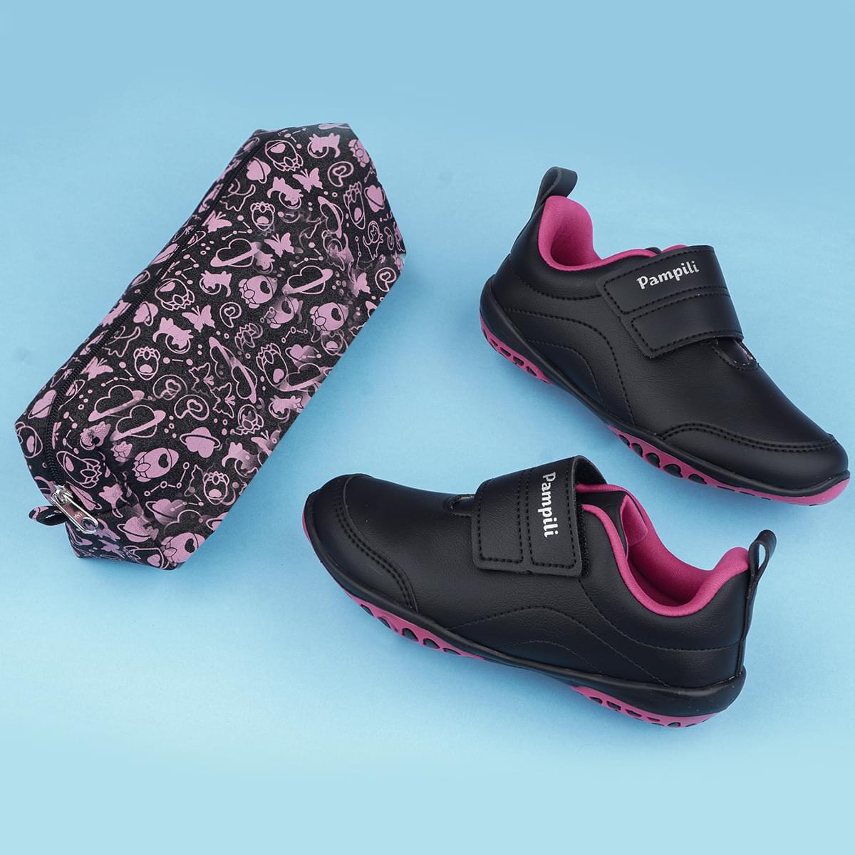 Tênis Escolar Infantil Pampili Honey Preto e Pink - Vem com Estojo!