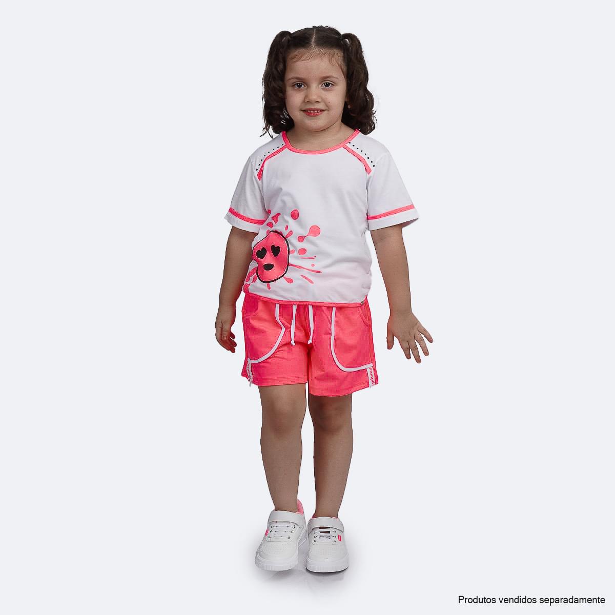 Camiseta Infantil Pampili Carinha Apaixonada Branco e Rosa Neon