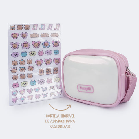 Bolsa Tiracolo Infantil Pampili com Adesivos Branco Rosa Claro