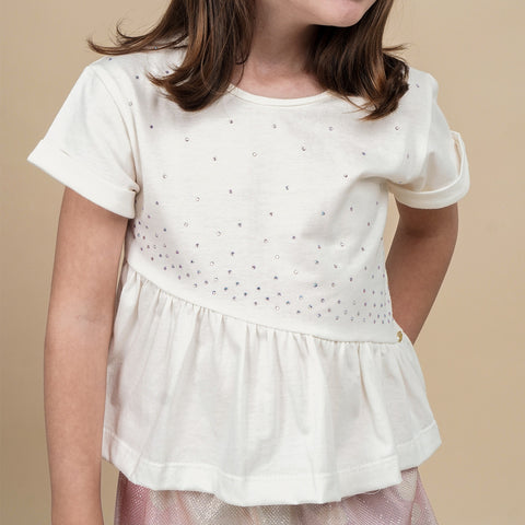 Camiseta Infantil Pampili com Babado Assimétrico Off White
