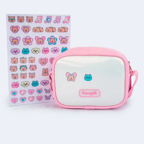 Bolsa Tiracolo Infantil Pampili com Adesivos Branco Rosa Claro
