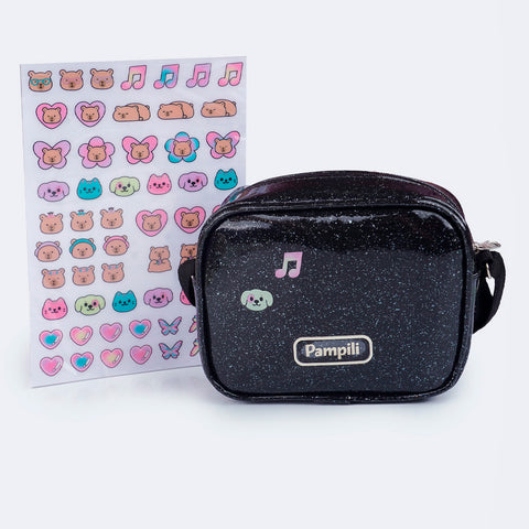 Bolsa Tiracolo Infantil Pampili com Adesivos Verniz Preta