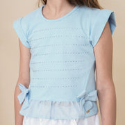 Camiseta Infantil Pampili com Laços e Brilho Azul Claro
