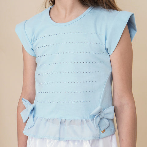 Camiseta Infantil Pampili com Laços e Brilho Azul Claro