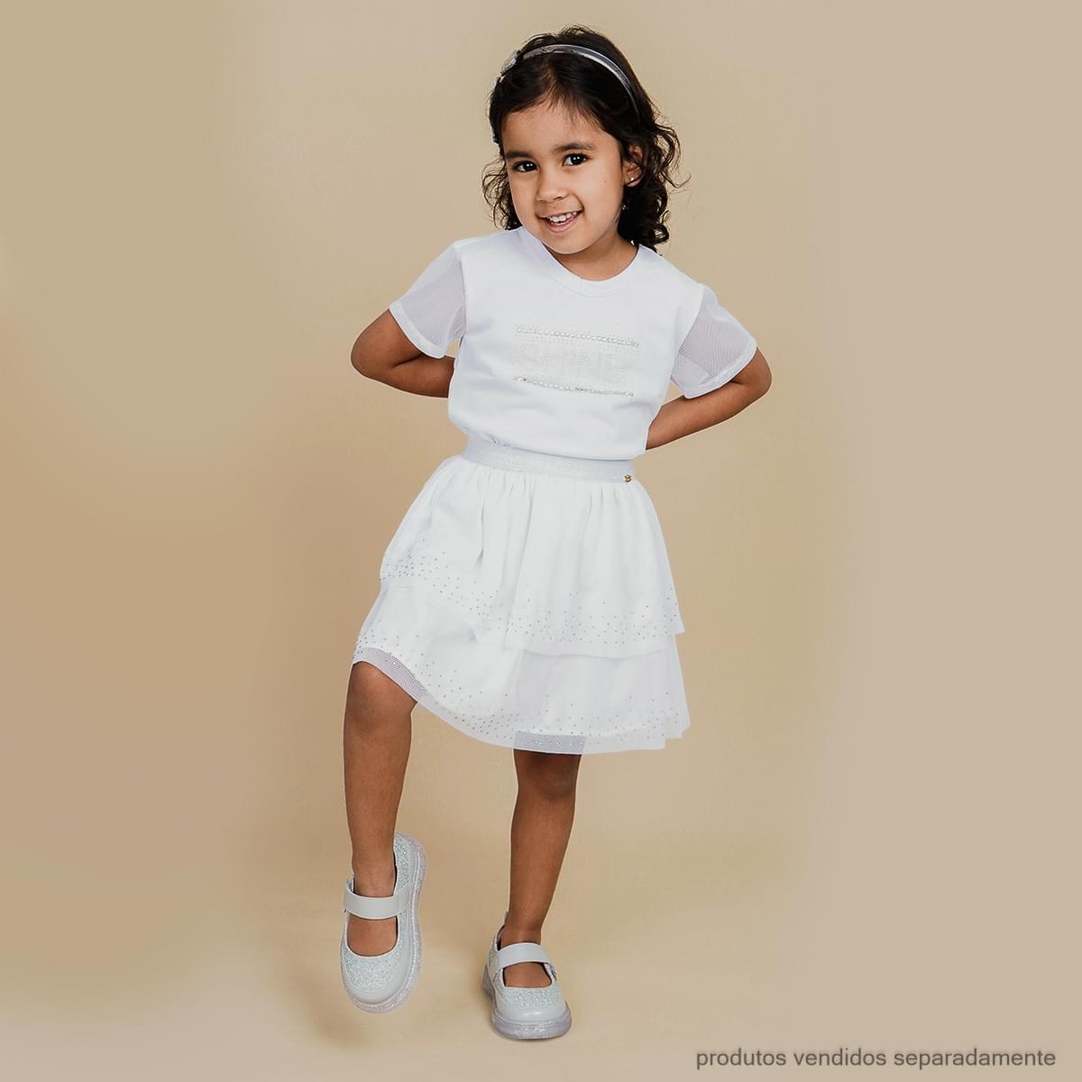 Saia de Tule Pampili Camadas e Strass Cascata Off White
