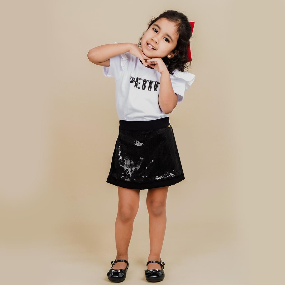 Short Saia Infantil Feminino Pampili Paetê Preto