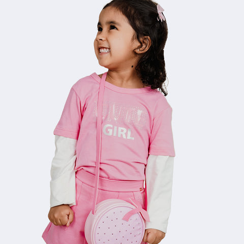 Camiseta Infantil Pampili Manga Longa Cute Girl Rosa e Branca