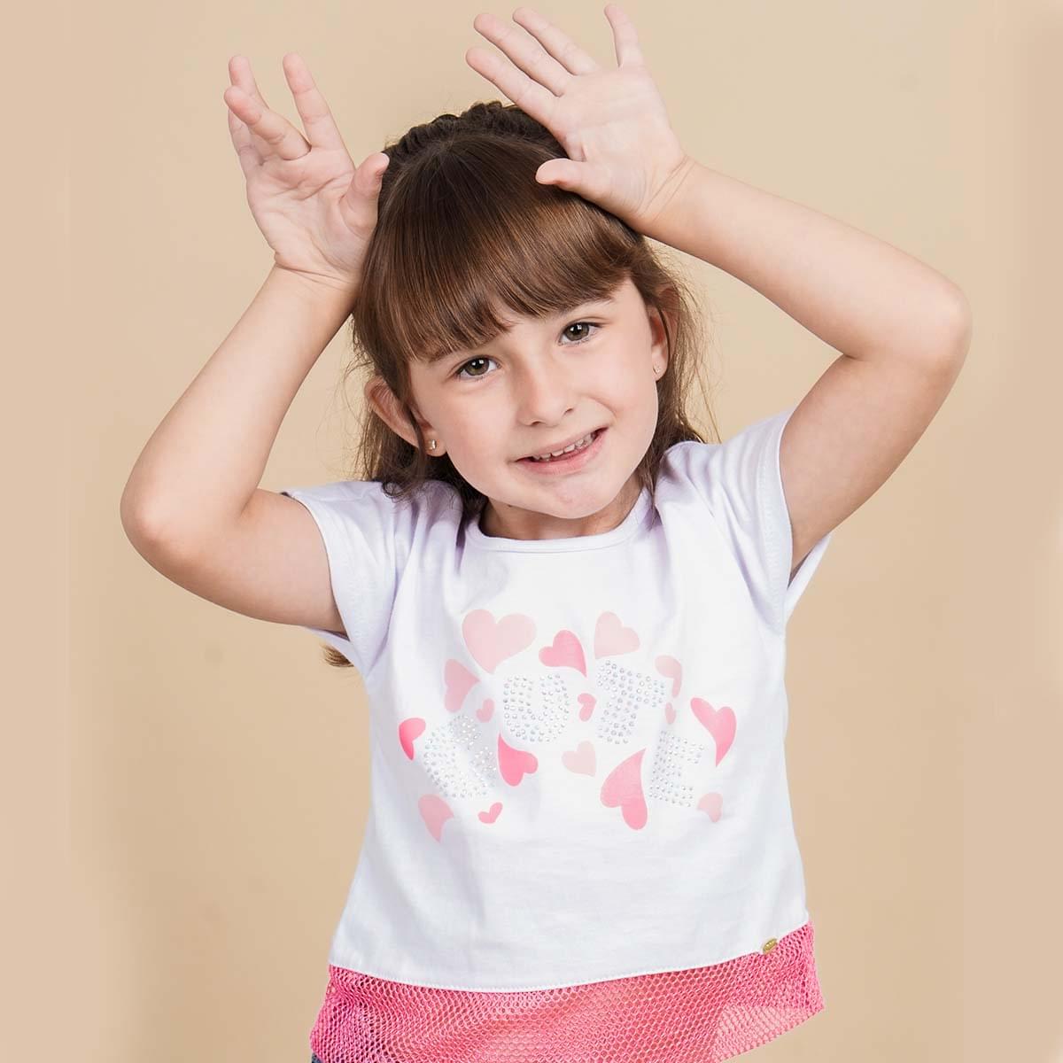 Camiseta Infantil Pampili Cute com Corações e Barra Telada Branca