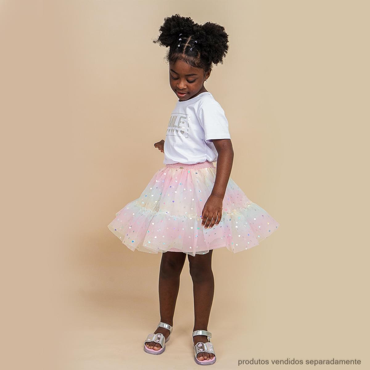 Saia Infantil Pampili Babados em Tule Corações Rosa