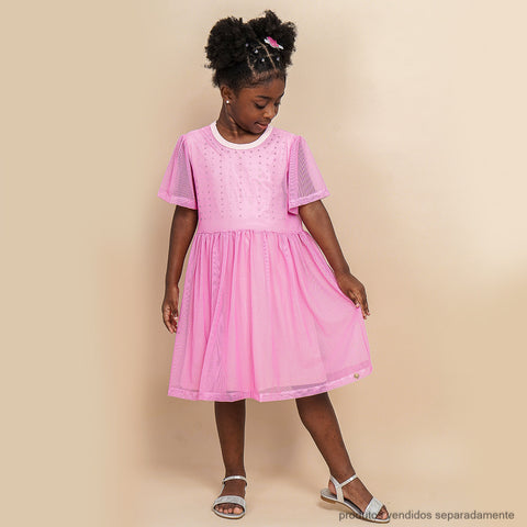 Vestido Infantil Pampili Tule e Pedras Strass Rosa