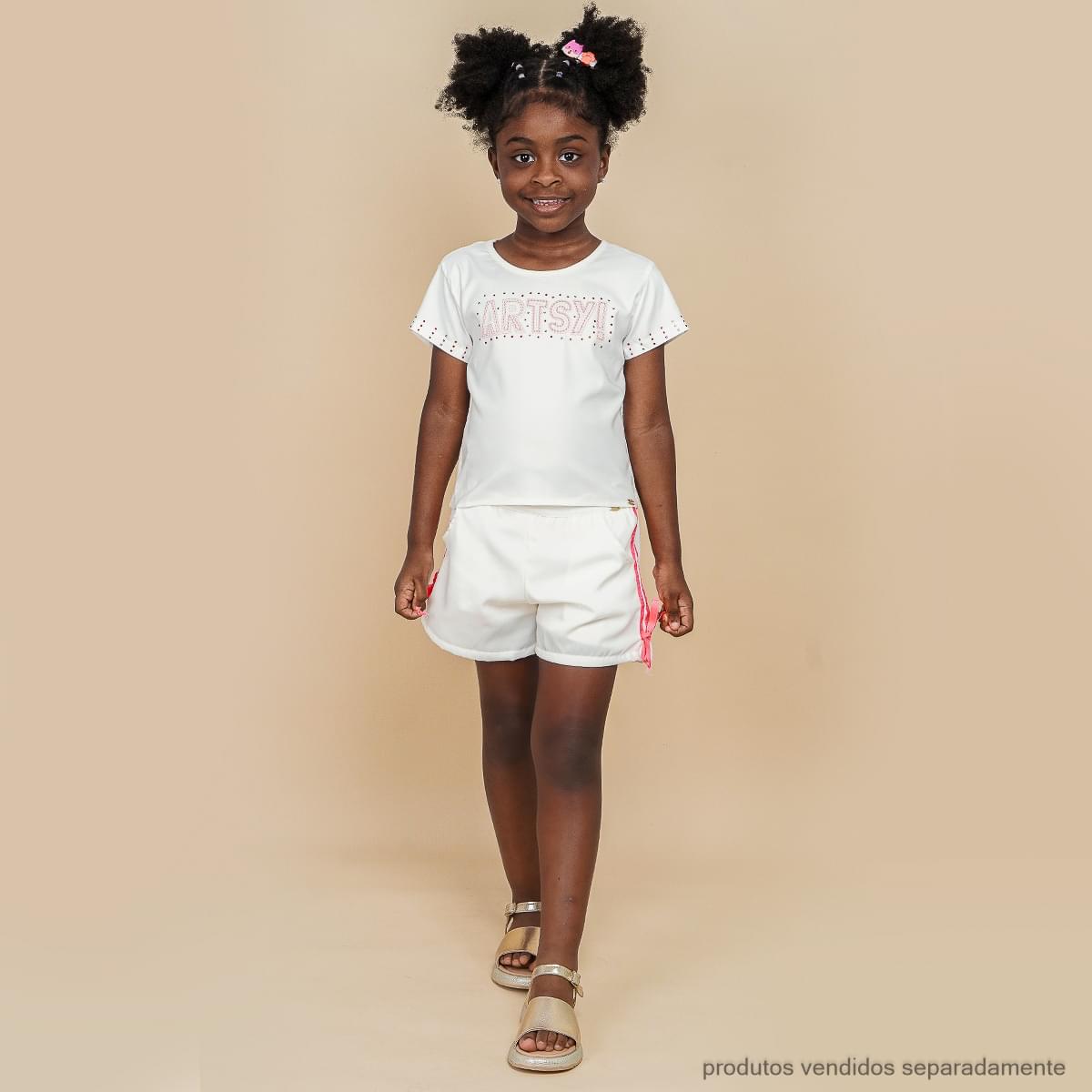 Camiseta Infantil Feminina Artsy Off White e Rosa