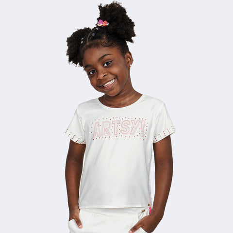 Camiseta Infantil Feminina Artsy Off White e Rosa