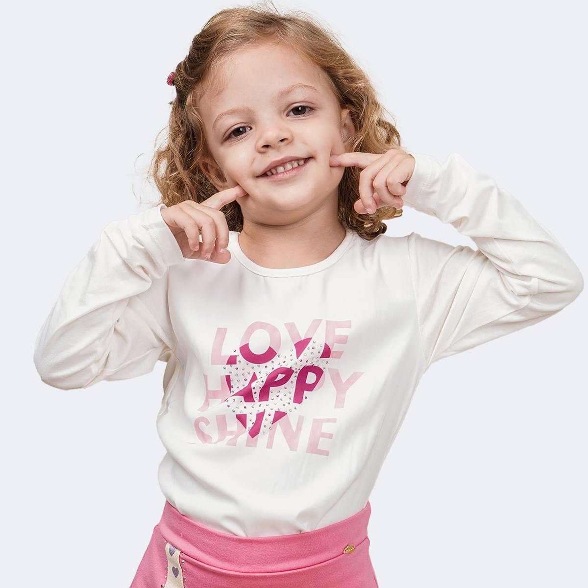 Camiseta Infantil Pampili Manga Longa Love Happy Shine Off White