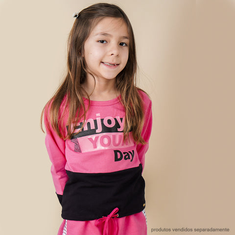 Blusa Infantil Pampili Moletom Enjoy Your Day Pink e Preta