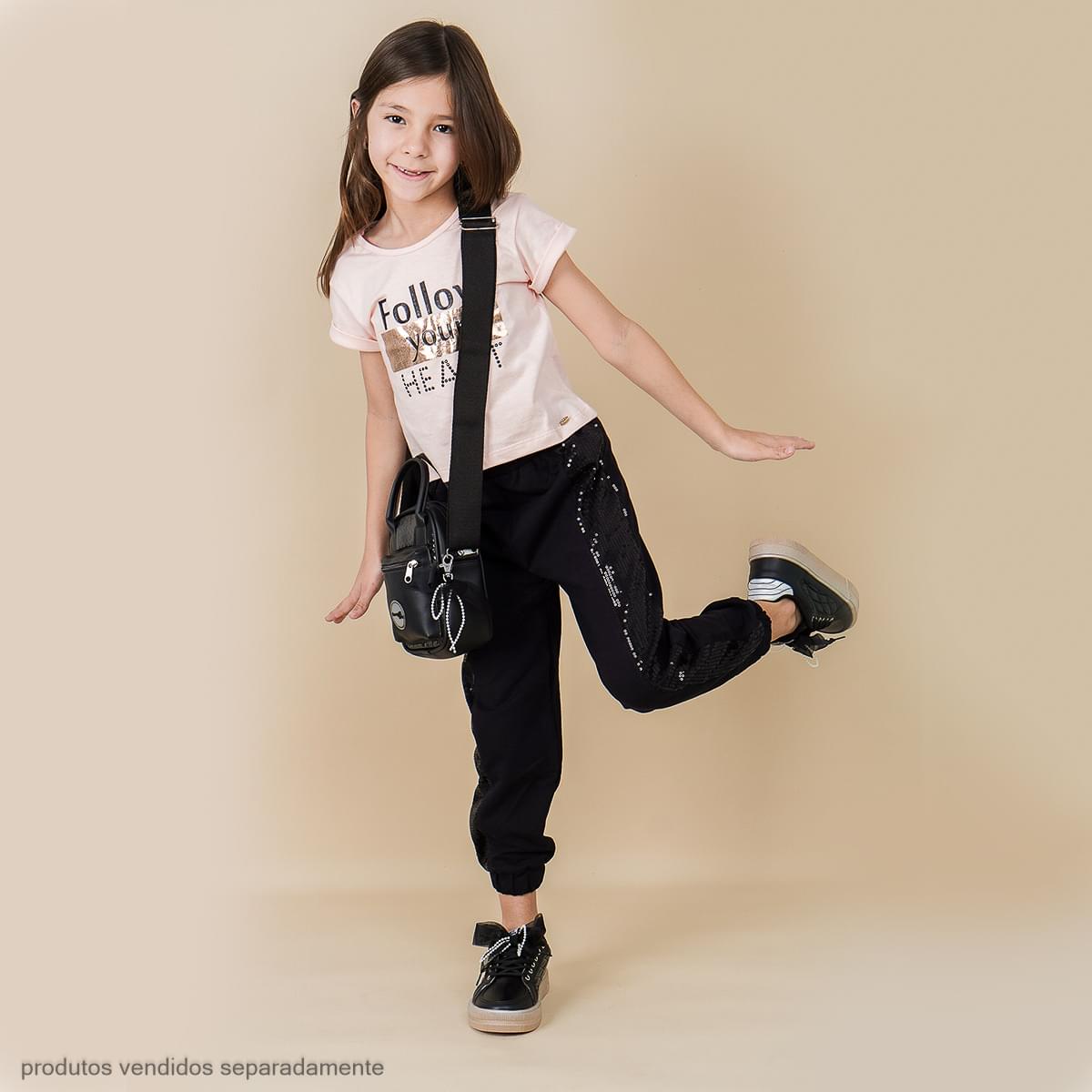 Calça Jogger Infantil Pampili Moletom Paetê Preta
