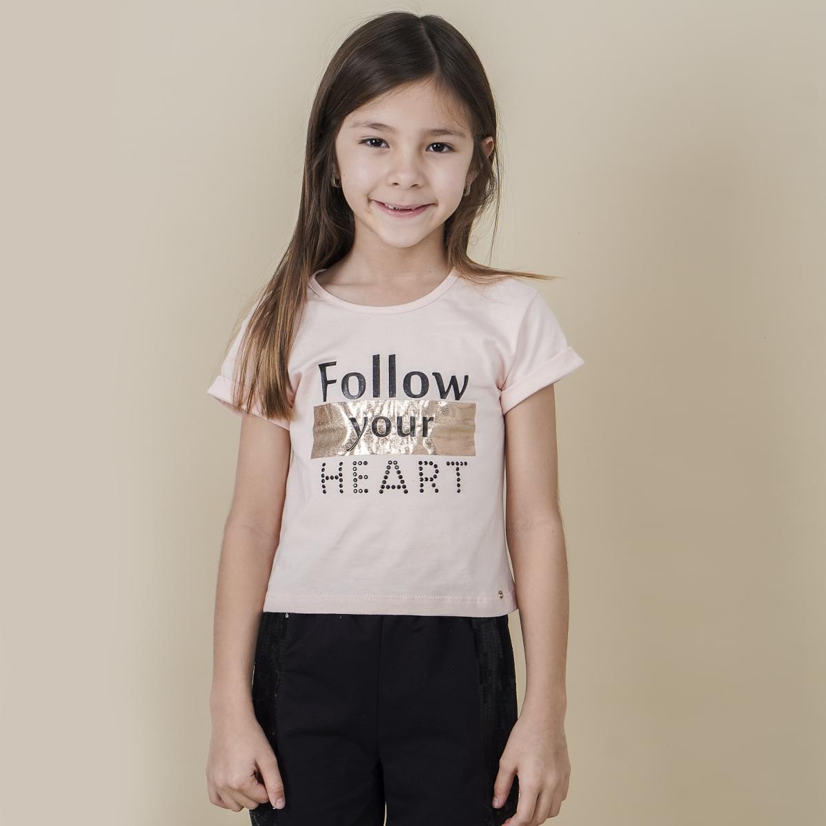 Camiseta Infantil Pampili Your Heart Metalizada Rosa Novo