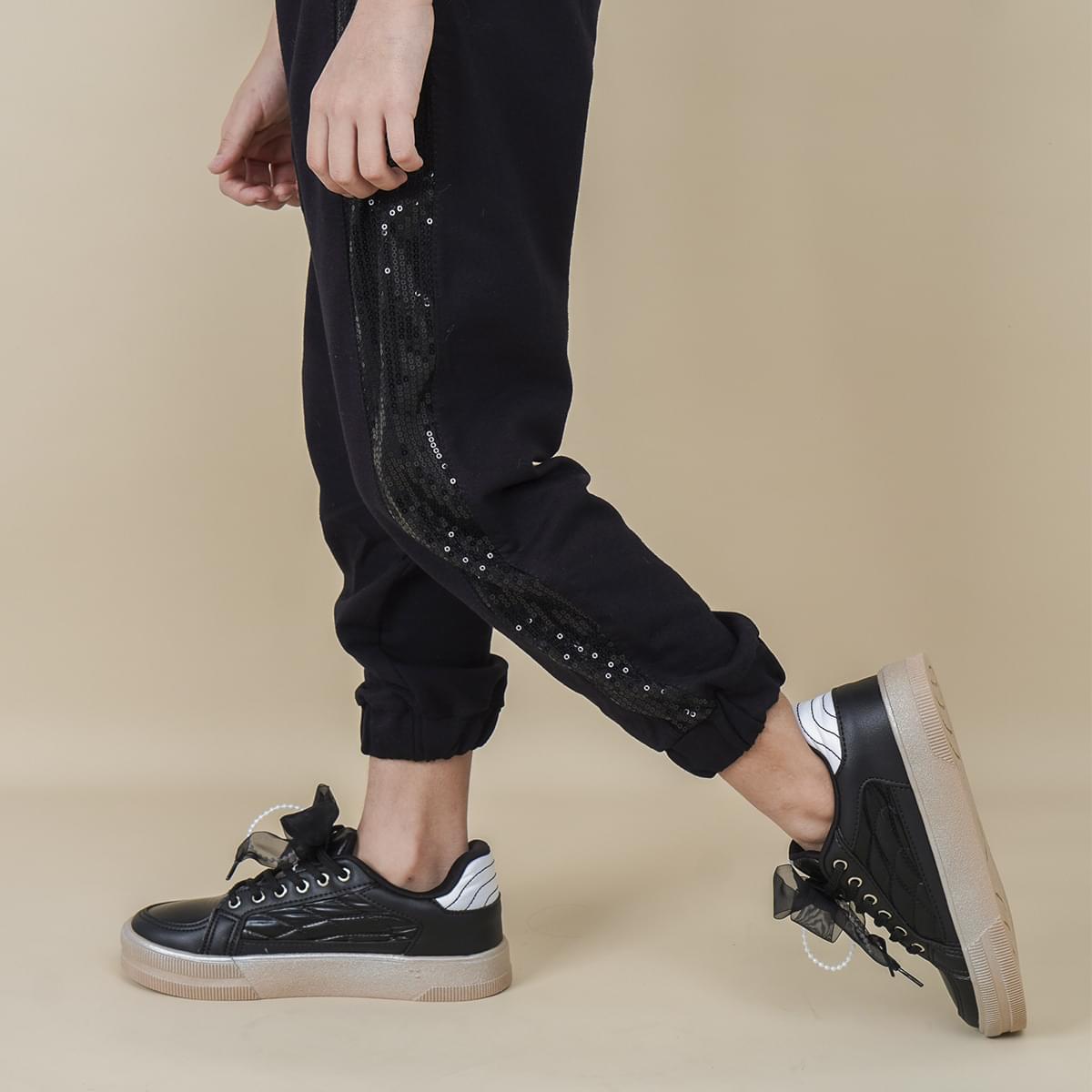 Calça Jogger Infantil Pampili Moletom Paetê Preta