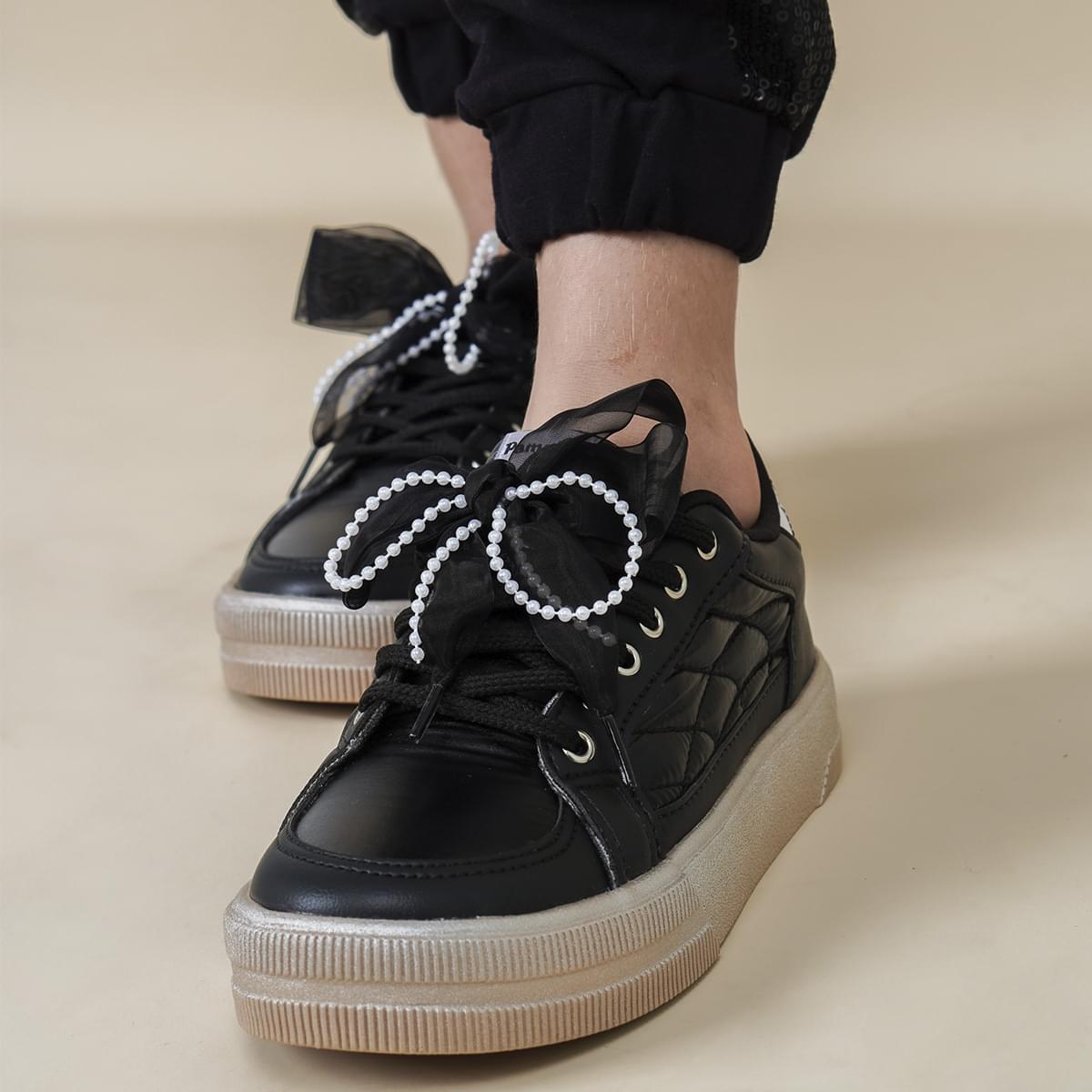 Tênis Infantil Feminino com Laço Customizável Preto