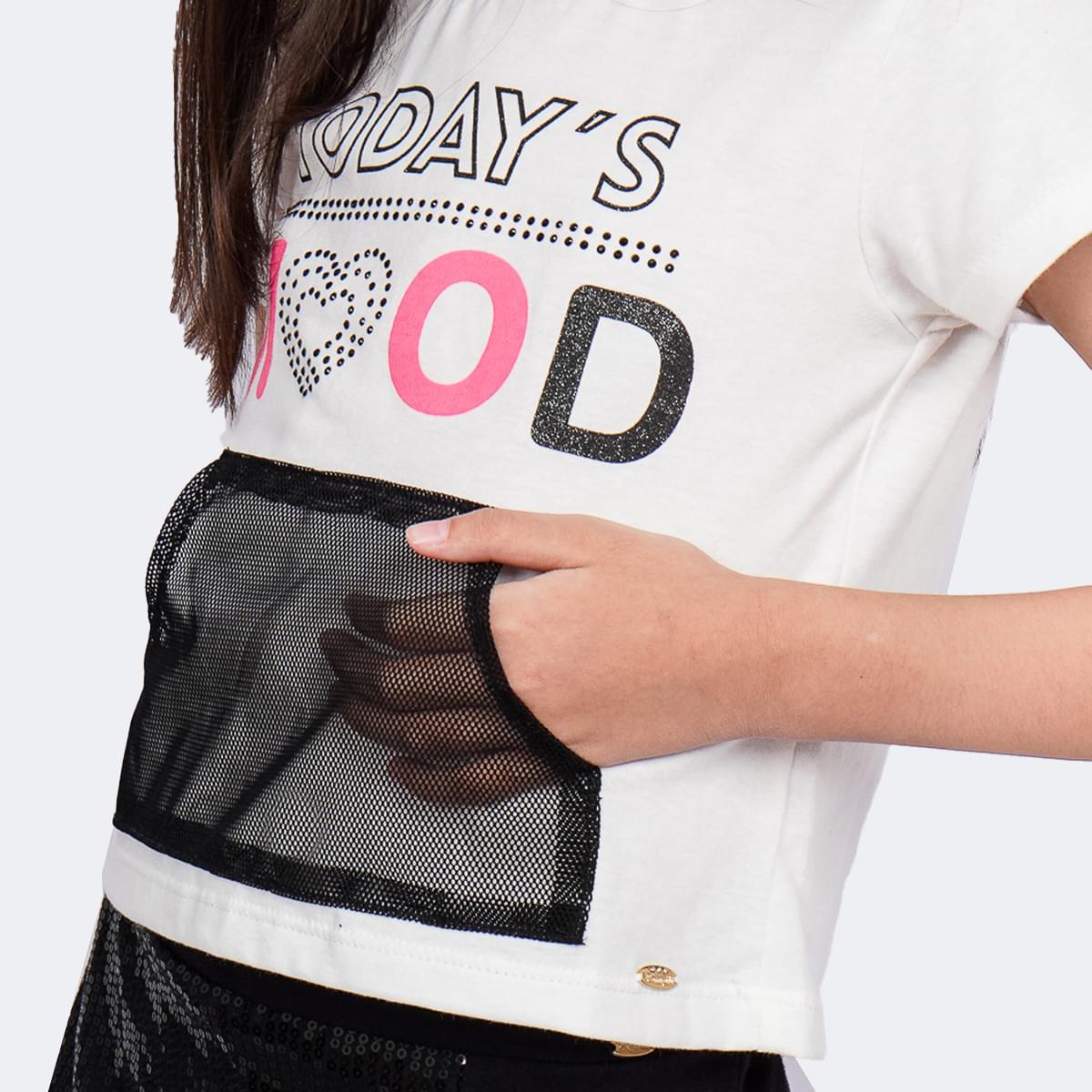 Camiseta Infantil Pampili Today's Mood Off White e Preta - bolso da blusa