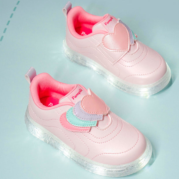 Tênis de Led Pampili Sneaker Luz Corações Sobrepostos Rosa Suspiro e Colorido