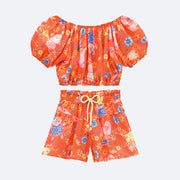 Conjunto Infantil Kukiê Cropped Floral Laranja - frente do conjunto infantil feminino