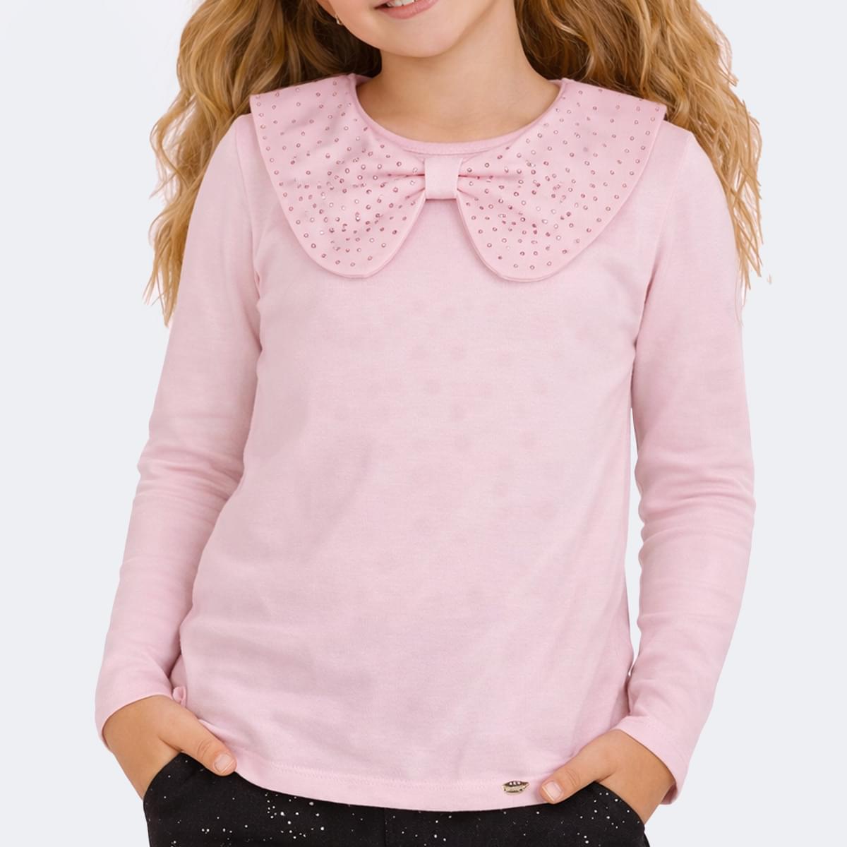 Blusa Infantil Manga Longa Pampili Gola Peter Pan Laço Rosa