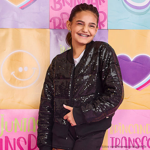 Bomber Feminina Jaqueta Bomber Paete Preta Paete Plus Jaqueta