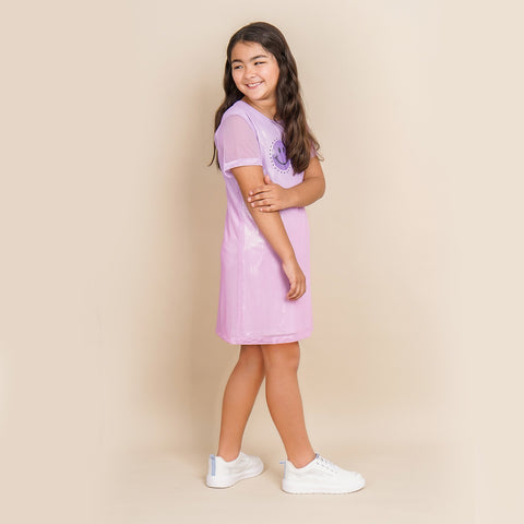 Vestido Infantil Pampili Tela Carinha Divertida Holográfico Lilás
