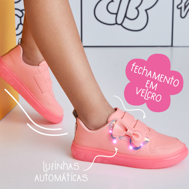 Tênis de Led Infantil Pampili Sneaker Luz Calce Fácil Laço Pessêgo