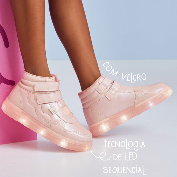 Tênis de Led Cano Médio Pampili Sneaker Luz Costura Ondulada Rosa Novo