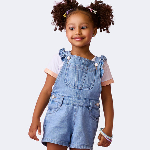 Jardineira Infantil Pampili Alça com Babado Jeans Azul